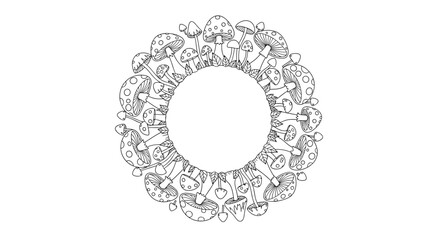 Detailed black line art mandala composed of various patterned mushrooms and leaves in a circular wreath design.