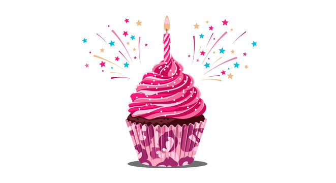 Festive chocolate cupcake topped with swirl of pink icing a birthday candle and sparkling star confetti bursts for celebrations.