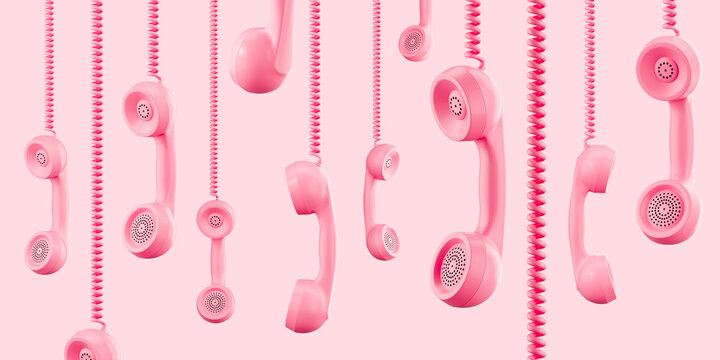 Floating pink retro telephone receivers hanging by cords on pastel background as creative communication concept design. 3D Rendering