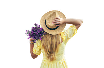 Beautiful woman in lavender field. Selective focus. Nature.