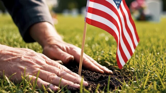 Memorial Day USA flag placement. Tight close-up of hands inserting a small American flag into the earth as a quiet act of respect on Memorial Day USA.