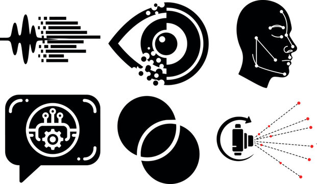 Black and white of human face eye sound wave chat bubble camera lens