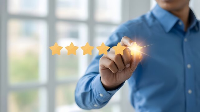 Five star customer review image with businessman pointing stars, positive feedback concept, quality assurance, satisfaction rating, and trust symbol