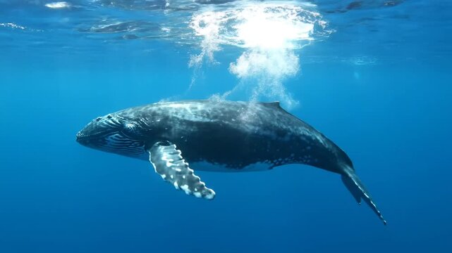 Humpback whale spouting water while swimming underwater in blue ocean