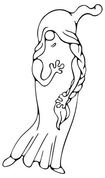Gnome Parody of Venus by Botticcelli. Black and White Line Art Illustration.