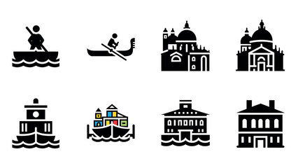Naklejka premium Venetian icon set: gondolas and historic architecture silhouettes