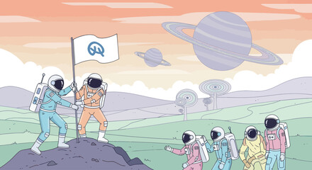 Astronauts plant flag on alien planet with Saturn-like planet in the sky © SAQUEEN