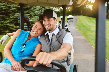 Golf cart, couple and smile with game, drive and training for competition practice or weekend...