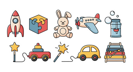 Naklejka premium A collection of colorful, flat design children's toys.