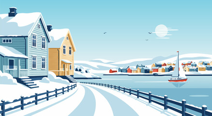 Charming winter village scene vector illustration with snow-covered houses and a sailboat on the water, evoking a sense of peace and tranquility © Purnomo