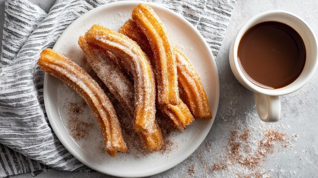 Freshly made churros on a white plate with a cup of hot chocolate on the side