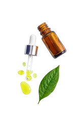 Drops of oil pipette isolate on white background. Selective focus. Nature.