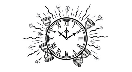 Vintage clock and hourglass illustration depicting time passing concept.