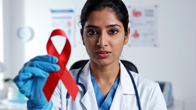 Female doctor holding red ribbon and condom for awareness
