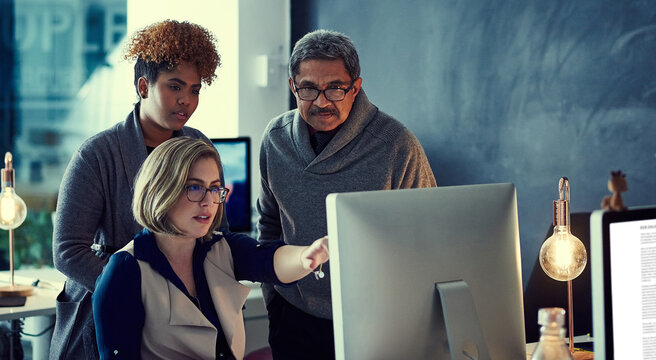Reading, online and group with computer, office and grammar check on website, reporter and creative. Newsroom, teamwork and people with tech for article, coworking and editing for magazine submission