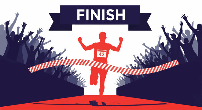 Runner crossing finish line to victory with cheering crowd.