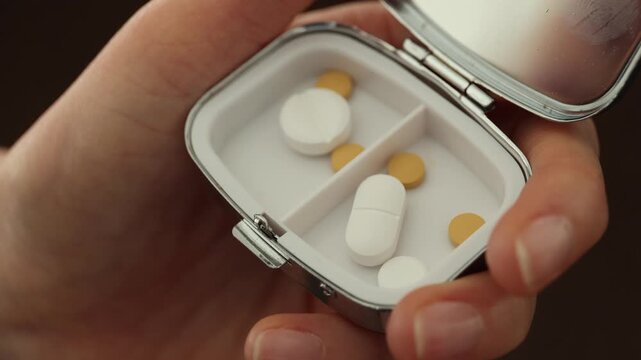 The hand puts the tablet in the pillbox