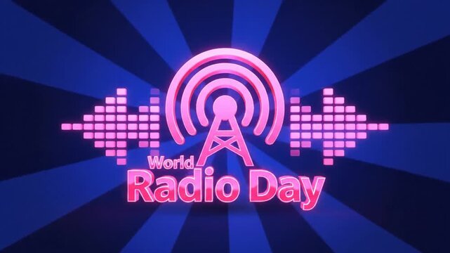 Neon pink radio broadcast logo with sound waves and equalizer