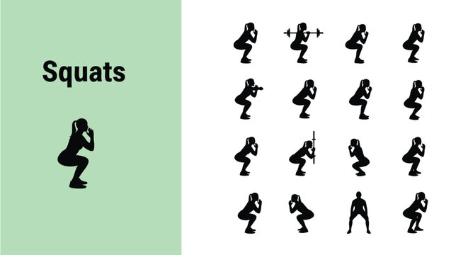 Collection of female silhouette icons illustrating various squat exercise techniques including bodyweight and weighted variations for fitness guides and workout plans