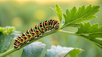 Striped caterpillar clinging to green leaf showing detailed black yellow red patterns