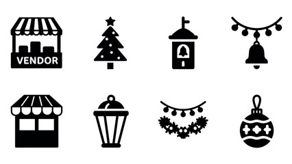 Silhouette icons of holiday market stalls and decorations