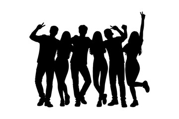 Fototapeta premium Silhouette of diverse group celebrating with raised hands and energetic poses.