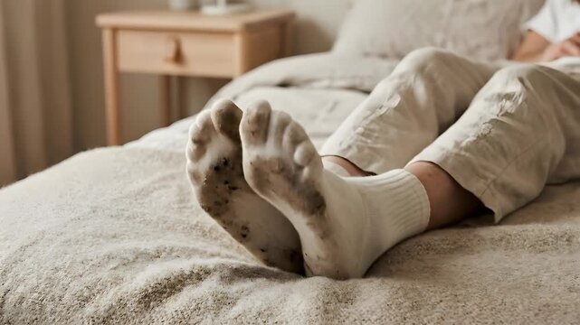 Close Up Of Dirty White Socks On Feet Resting On A Textured Beige Bed With Natural Light Illuminating The Scene And A Wooden Nightstand In The Background