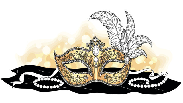 Ornate gold venetian mask with feathers and pearls on elegant black fabric