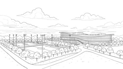 Obraz premium Modern sports complex with soccer fields and futuristic architecture