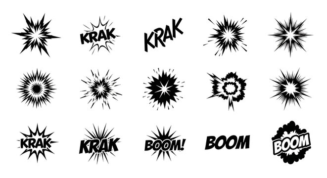 black and white comic book explosion sound effects and impact graphics perfect for retro games cartoons and vibrant pop art.