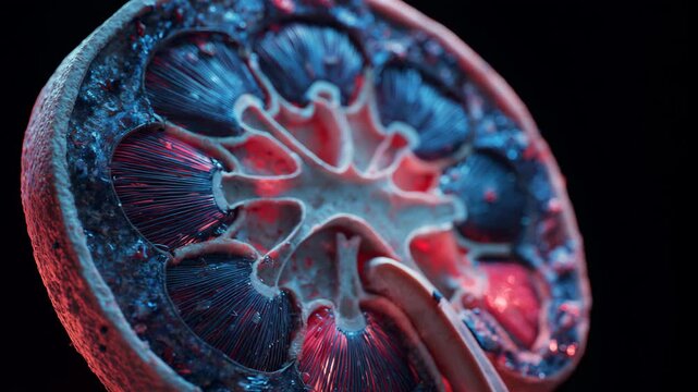 Ultra HD Abstract crosssection of a human kidney with intricate internal structures illuminated by vibrant blue and red light, symbolizing medical science video