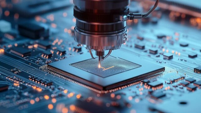 Precision laser engraving circuit onto a die, microfabrication process, chip manufacturing, etching, nanoscale engineering, integrated circuit.