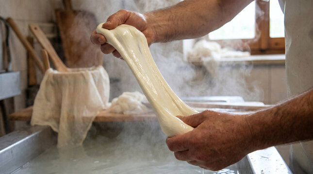 Artisan Hands Stretching Fresh Mozzarella Cheese in Dairy