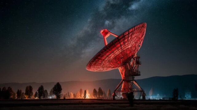 A massive red-lit radio telescope dish in a desert setting with a starry night sky