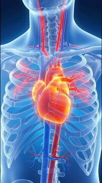 3d rendering of human heart, circulatory system, and skeletal rib cage in a translucent body, suitable for medical illustration, anatomy education, health concept, and scientific research.