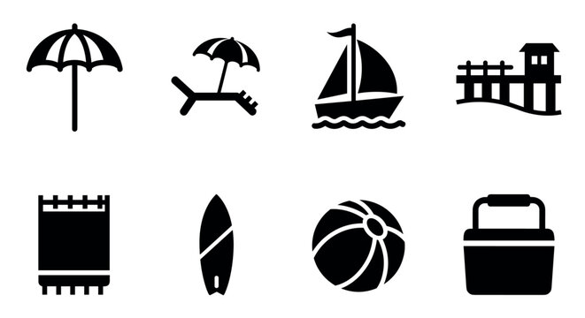 Beach essentials icons: umbrella, lounger, sailboat, pier, towel, surfboard, ball, cooler