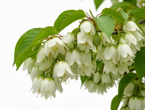 Delicate snowbell blossoms on a minimalist white backdrop, evoking serenity and fresh spring renewal with elegant natural simplicity