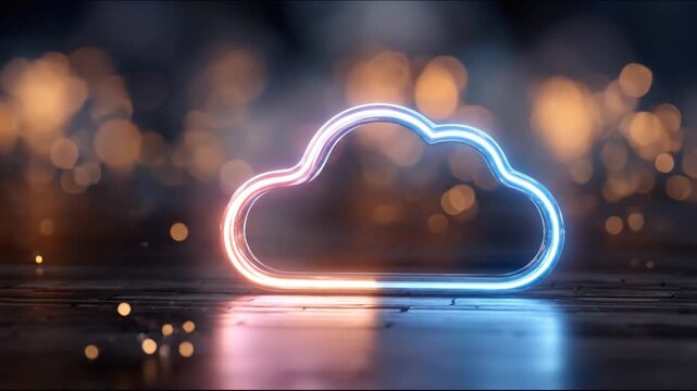 A glowing neon-like cloud shape in a dark setting, with bokeh lights. It appears to be a 3D rendering