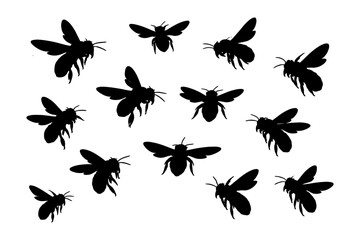 Silhouette illustration of multiple flying bees in various poses on white background.