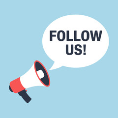 Megaphone with follow us speech bubble on blue background