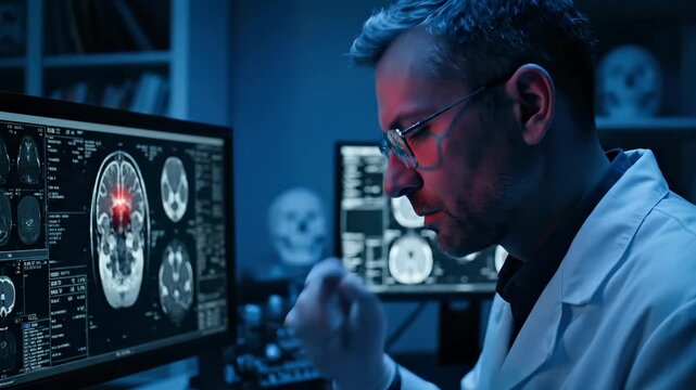Doctor analyzes brain MRI scan on monitor in dark laboratory. Neurologist points at brain tumor on MRI screen. Doctor in lab coat examines brain scan with glove. MRI brain analysis in medical