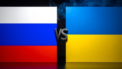 Russia&ndash;Ukraine flags with &ldquo;VS&rdquo; symbol, showing rivalry.