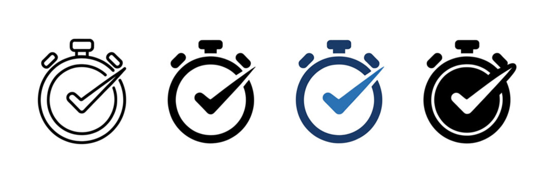 Four different colored stopwatch icons with checkmarks on white background