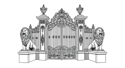 Ornate gate featuring lion statues and detailed floral carvings in grayscale © PROMA