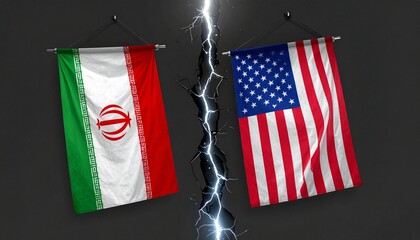 Iran&ndash;US flags separated by lightning, symbolizing tension.