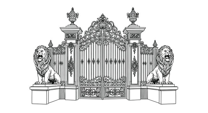 Ornate gate featuring lion statues and detailed floral carvings in grayscale