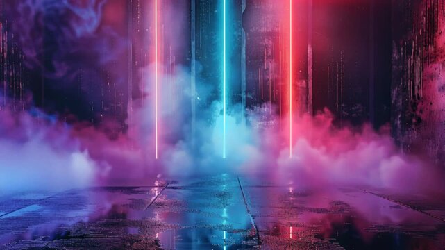 alleyway with glowing neon beams cutting through mist, rain slicked pavement reflecting light, dystopian urban scene, vaporwave aesthetic, digital dystopia.