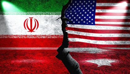 Iran&ndash;US flags divided by crack, symbolizing conflict.