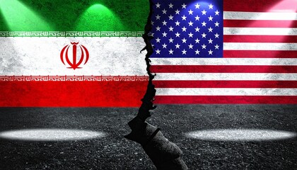 Iran&ndash;US flags divided by crack, symbolizing conflict.