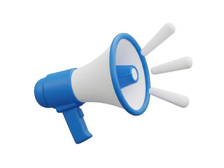 Blue and white 3d rendered megaphone isolated on transparent background